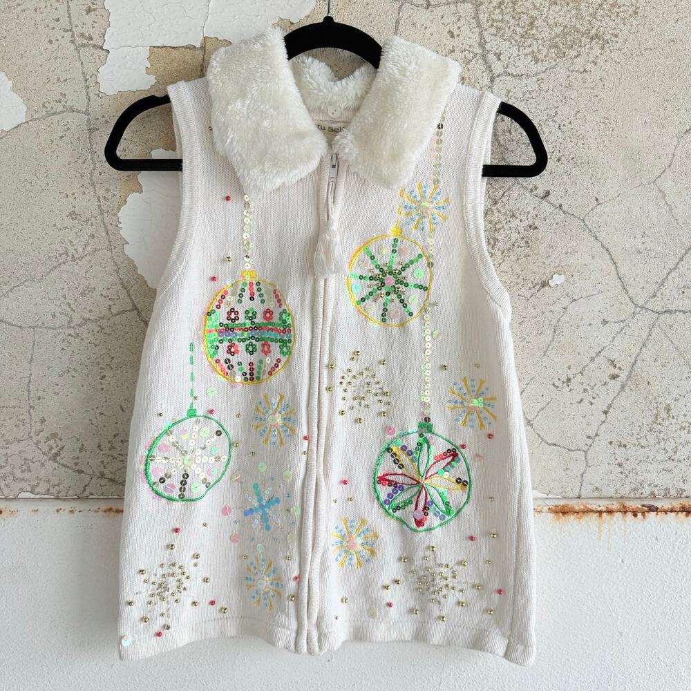 Vtg Christmas Sweater Vest Ornaments Sequin White Faux Fur Collar Womens M Ugly